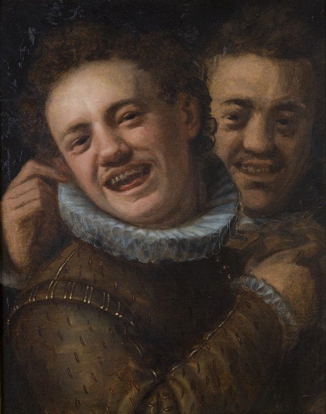Painting by Hans von Aachen Two laughing men (double self-portrait)(1574).
