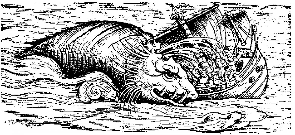 Illustration Whale submerging a ship by Conrad Gessner, Historiae animalism [...] de piscium & acquatilium animantium natura, Zürich: Christopher Froschauer, (1558), p. 138.