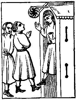 Image of a 17th century woodcut, outdoor tavern scene.